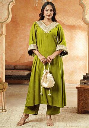 Embroidered Rayon A Line Kurta Set in Olive Green