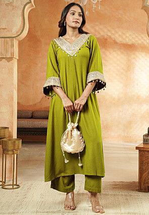 Embroidered Rayon A Line Kurta Set in Olive Green