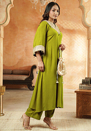 Embroidered Rayon A Line Kurta Set in Olive Green