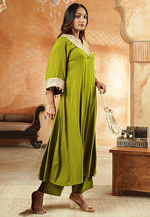 Embroidered Rayon A Line Kurta Set in Olive Green