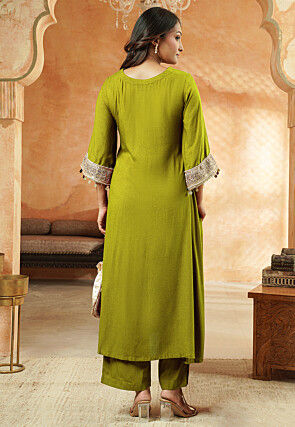 Embroidered Rayon A Line Kurta Set in Olive Green