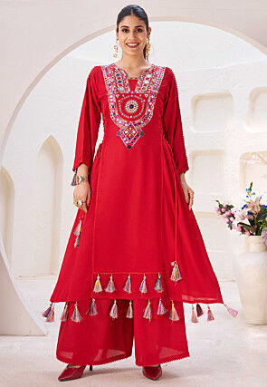 Embroidered Rayon A Line Kurta Set in Red