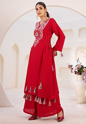 Embroidered Rayon A Line Kurta Set in Red