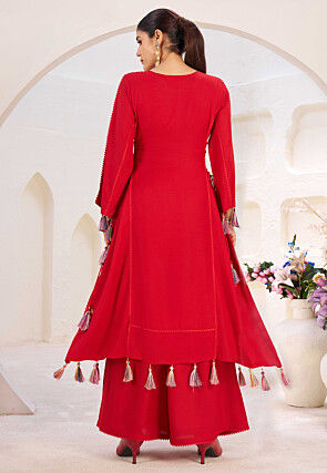 Embroidered Rayon A Line Kurta Set in Red