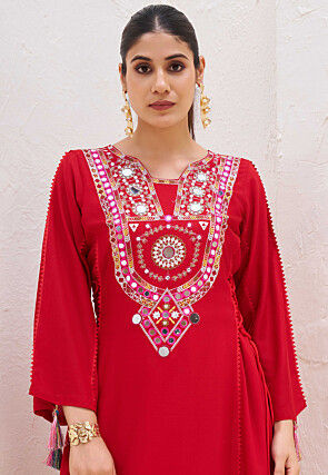 Embroidered Rayon A Line Kurta Set in Red
