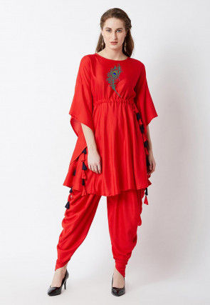 Embroidered Rayon A Line Kurta with Dhoti Pant in Red