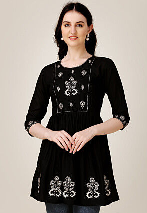 Embroidered Rayon A Line Kurti in Black