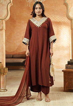 Embroidered Rayon A Line Suit in Brown