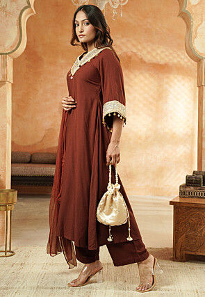 Embroidered Rayon A Line Suit in Brown