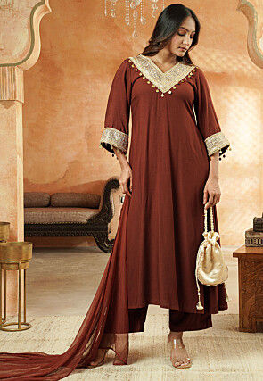 Embroidered Rayon A Line Suit in Brown