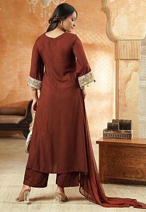 Embroidered Rayon A Line Suit in Brown