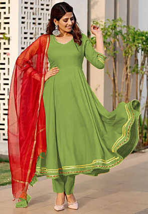 Embroidered Rayon A Line Suit in Green