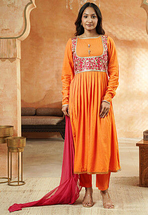 Embroidered Rayon A Line Suit in Light Orange