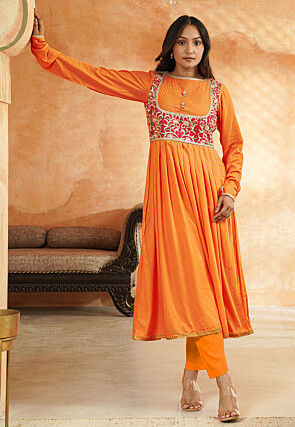 Embroidered Rayon A Line Suit in Light Orange