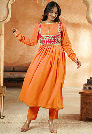 Embroidered Rayon A Line Suit in Light Orange