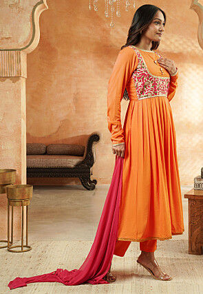 Embroidered Rayon A Line Suit in Light Orange