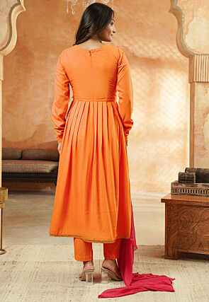 Embroidered Rayon A Line Suit in Light Orange
