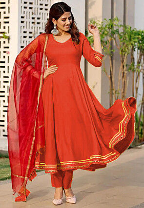 Embroidered Rayon A Line Suit in Orange
