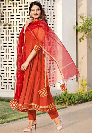 Embroidered Rayon A Line Suit in Orange