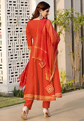 Embroidered Rayon A Line Suit in Orange