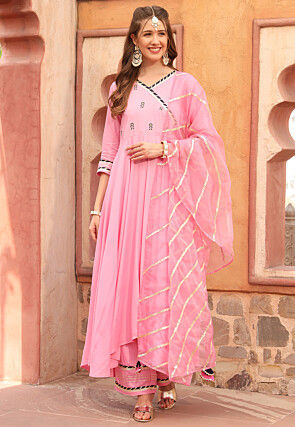 Embroidered Rayon A Line Suit in Pink
