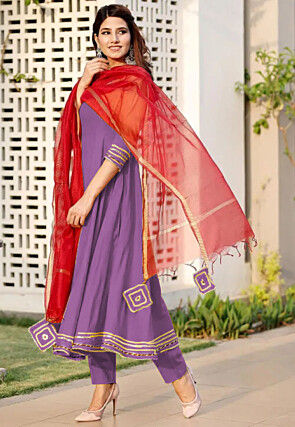 Embroidered Rayon A Line Suit in Purple