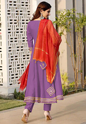 Embroidered Rayon A Line Suit in Purple