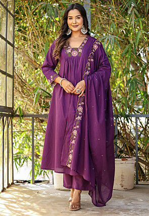 Embroidered Rayon A Line Suit in Purple