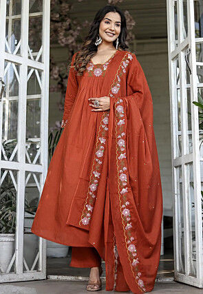 Embroidered Rayon A Line Suit in Rust