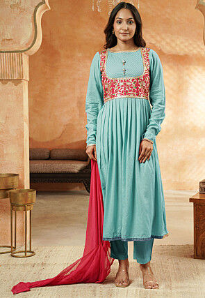 Embroidered Rayon A Line Suit in Sky Blue