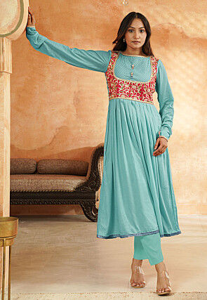 Embroidered Rayon A Line Suit in Sky Blue