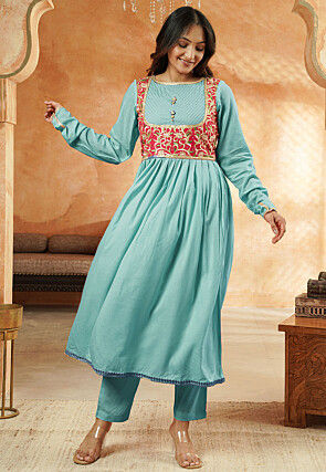 Embroidered Rayon A Line Suit in Sky Blue