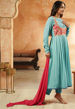 Embroidered Rayon A Line Suit in Sky Blue