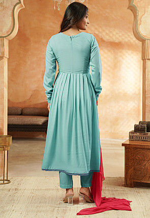 Embroidered Rayon A Line Suit in Sky Blue