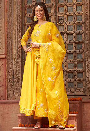 Embroidered Rayon A Line Suit in Yellow