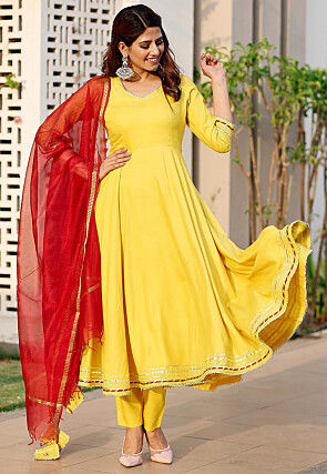 Embroidered Rayon A Line Suit in Yellow