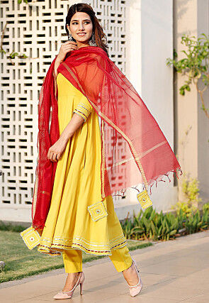 Embroidered Rayon A Line Suit in Yellow