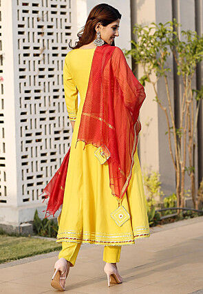 Embroidered Rayon A Line Suit in Yellow