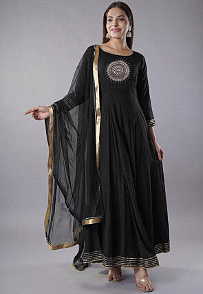 Embroidered Rayon Abaya Style Suit in Black