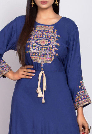 Embroidered Rayon Abaya Style Suit in Dark Blue