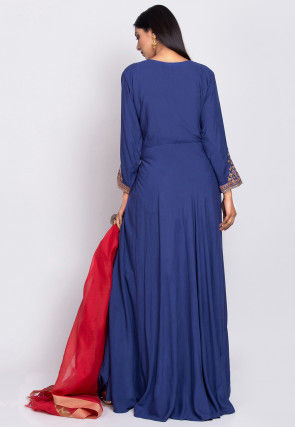 Embroidered Rayon Abaya Style Suit in Dark Blue