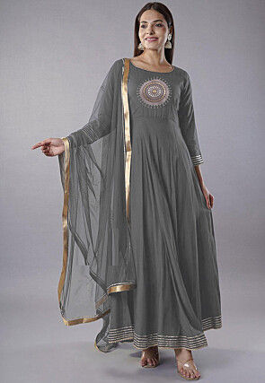 Embroidered Rayon Abaya Style Suit in Grey