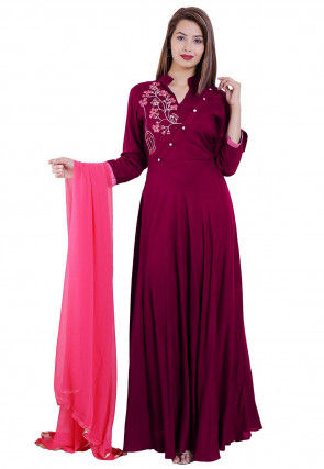 Embroidered Rayon Abaya Style Suit in Magenta