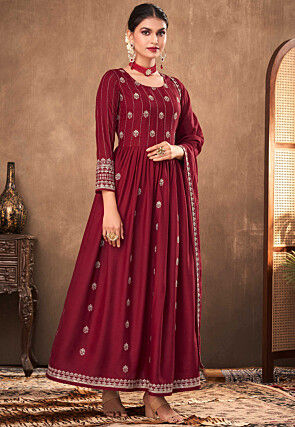 Embroidered Rayon Abaya Style Suit in Maroon