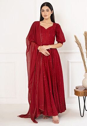 Embroidered Rayon Abaya Style Suit in Maroon