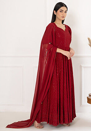 Embroidered Rayon Abaya Style Suit in Maroon