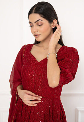 Embroidered Rayon Abaya Style Suit in Maroon