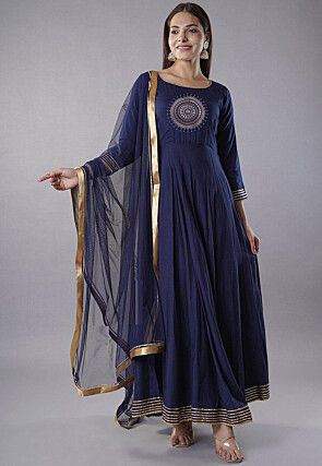 Embroidered Rayon Abaya Style Suit in Navy Blue