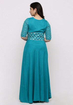 Embroidered Rayon Abaya Style Suit in Teal Green