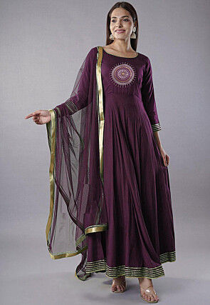 Embroidered Rayon Abaya Style Suit in Violet